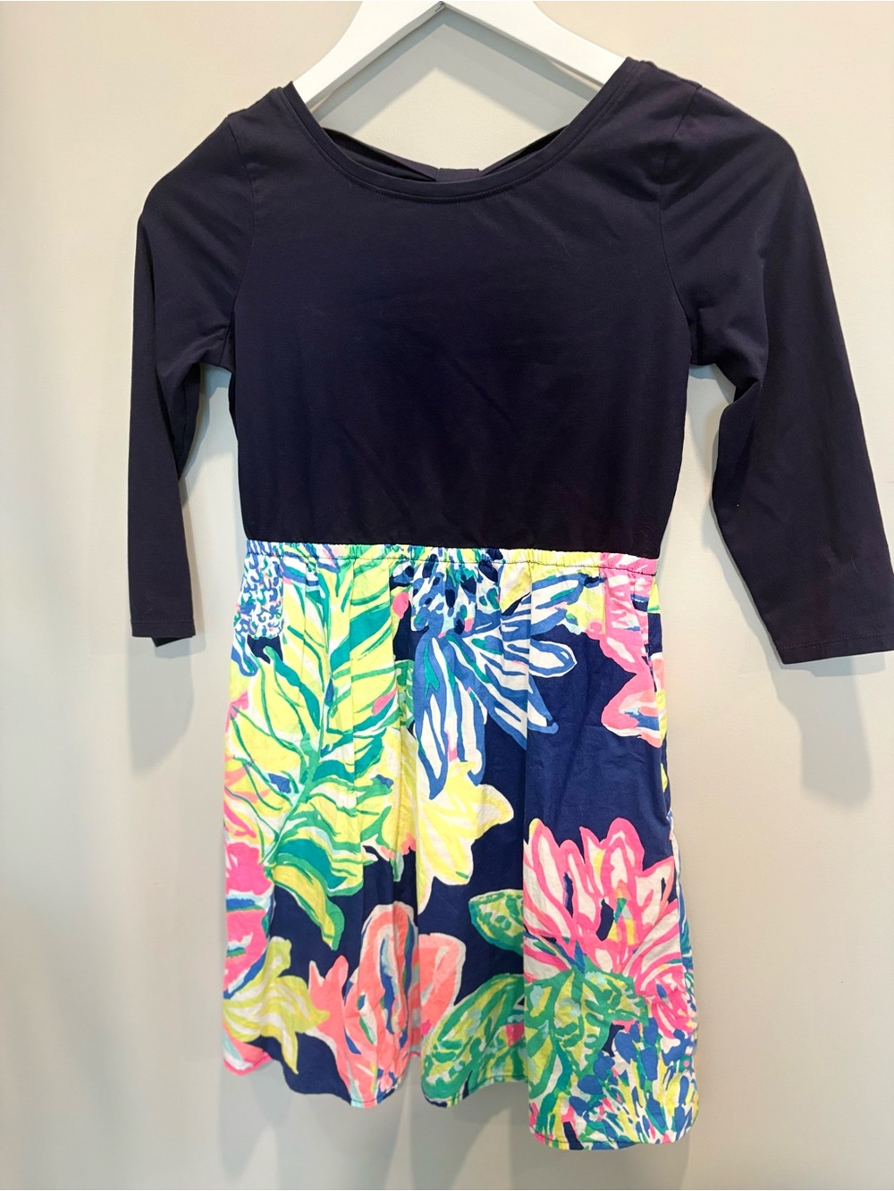 Lilly Pulitzer Girls XL 12-14 Navy Tropical Floral Dress 3/4 Sleeve Bow Back
